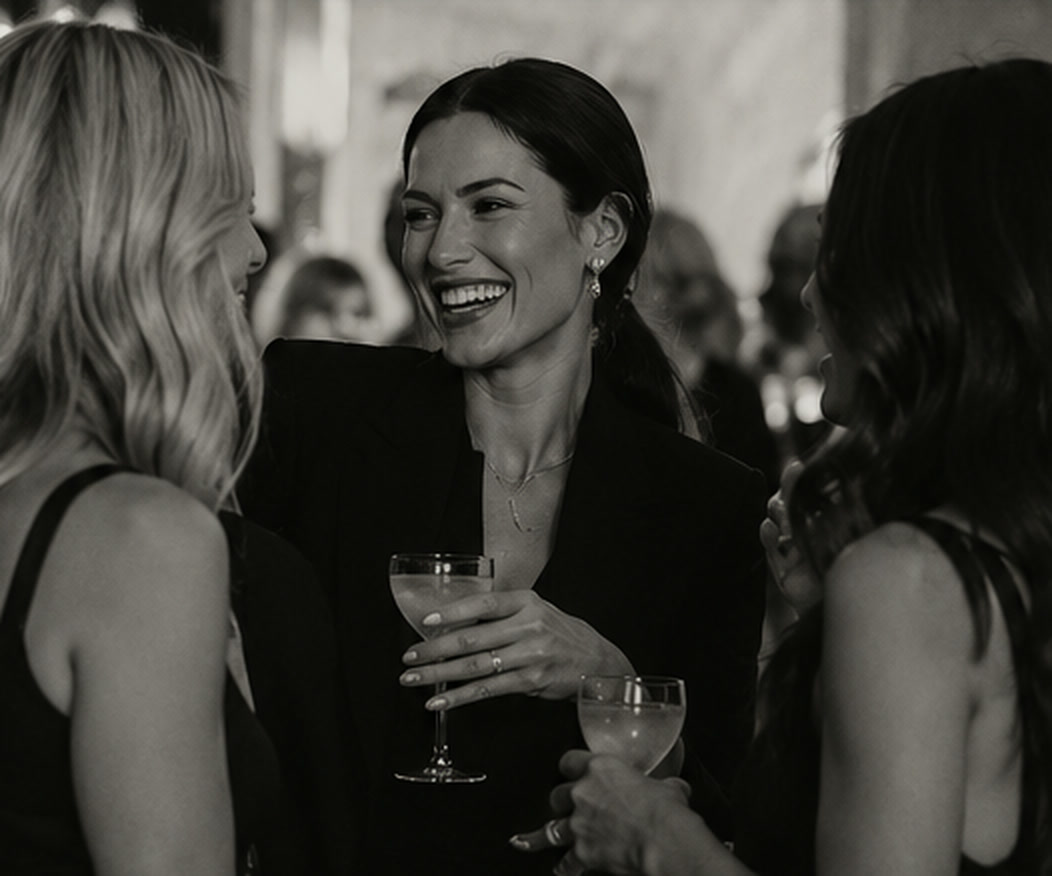 Three women in black evening dress laughing together over drinks at an event.